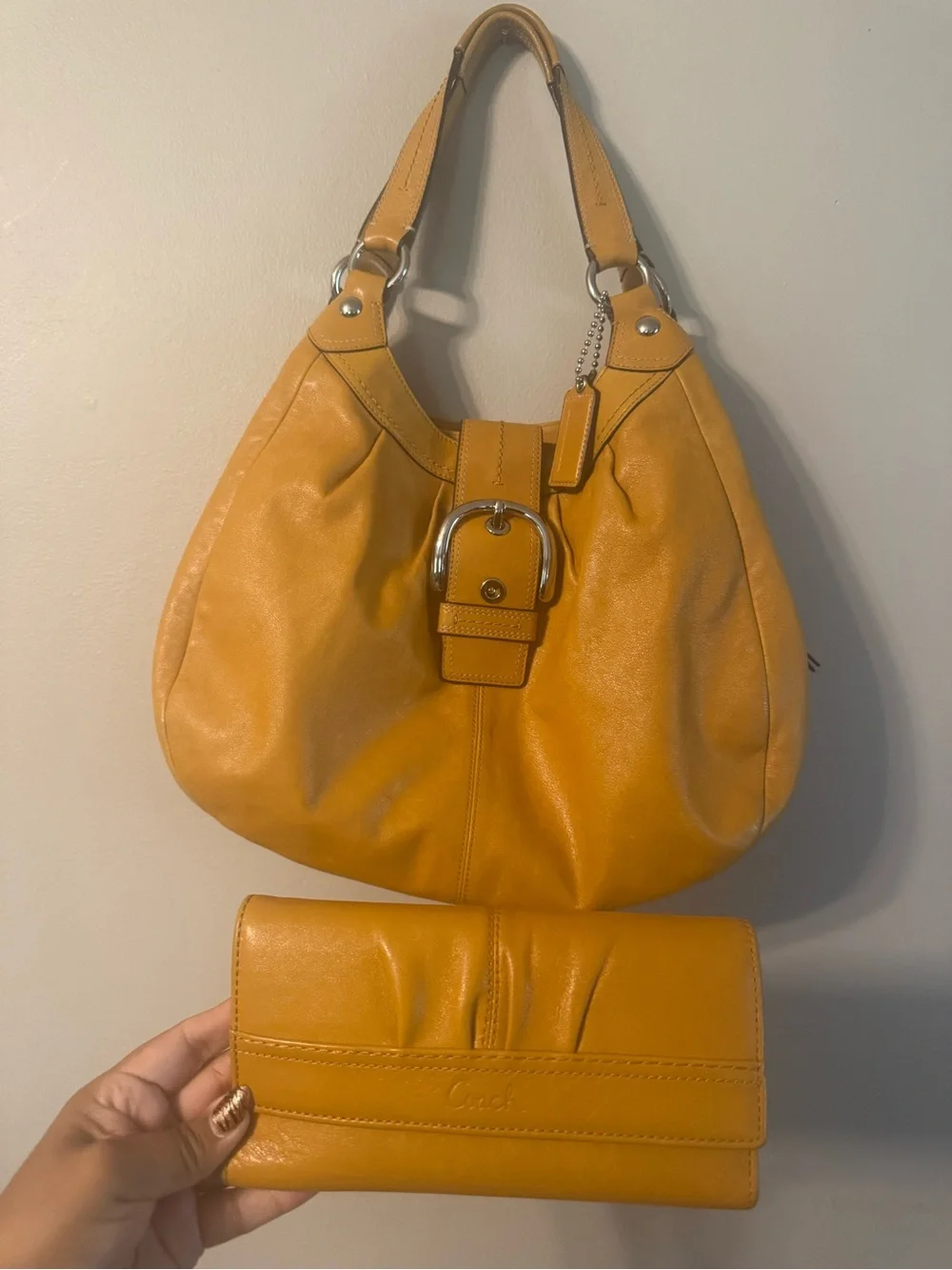 Coach Soho Lynn Mustard Yellow Leather Hobo Bag with Matching Wallet
